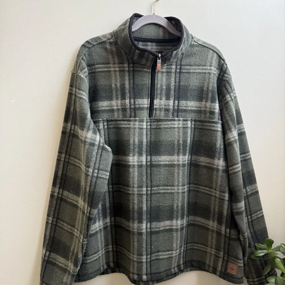 John Wayne MenS Green Plaid Fleece Quarter Zip Sweater Ranch Chore Cowboy XXL